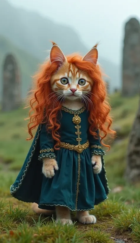 A cute beige tabby kitten dressed as Princess Merida from Brave, wearing a dark teal medieval dress with golden details. The kitten has long, curly, vibrant red hair and is standing in a mystical Scottish landscape, surrounded by lush green hills, ancient ...