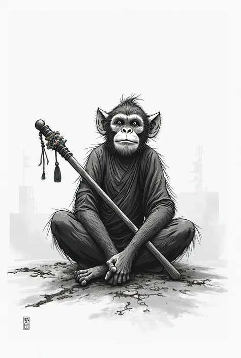 Quick sketch of Sun Wukong in black and white with gradient sitting with his stick 