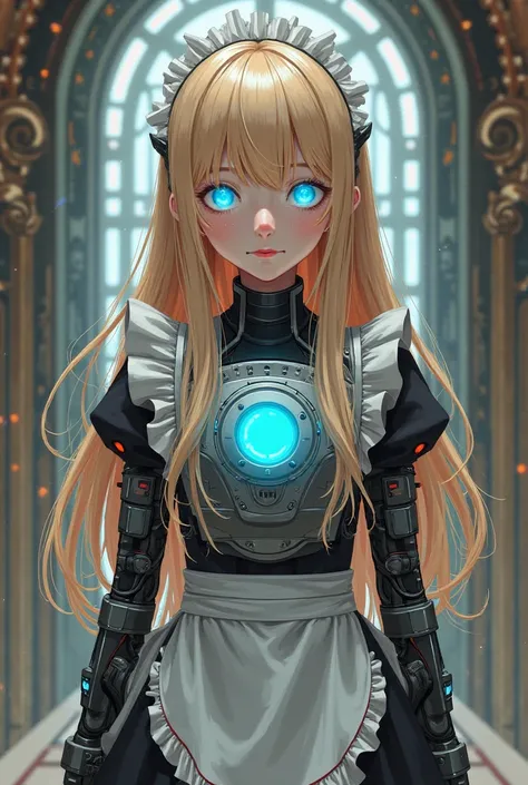 anime style 2d, science fiction, a ten year old girl , long blonde hair ,fringe , mechanical blue eyes, cyborg girl , biomechanical , hardware , technological plate fused to her chest ,flat chest , blue light core,  power cables connected to her body ,maid...