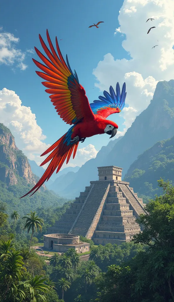 animal: scarlet macaw.
A red macaw,  blue and yellow, flying over the jungle.

Place: Monte Albán.
The macaw is flying over the Zapotec ruins, with mountains and clouds in the background.