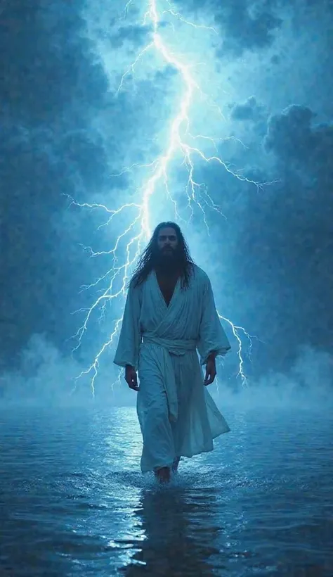 An epic and divine scene of a man with long hair and a beard, wearing a white robe, walking on water with a serene expression. A bright lightning bolt descends from the sky, dramatically illuminating him. The background features dark clouds contrasting wit...