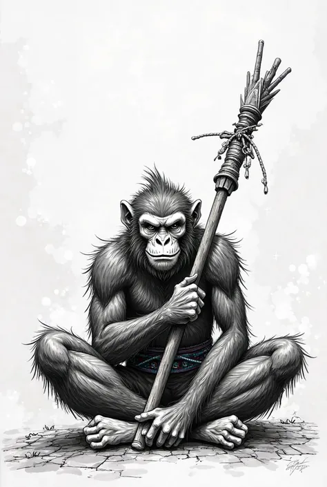 Fast manga sketch of Sun Wukong in black and white with gradient sitting with his stick 