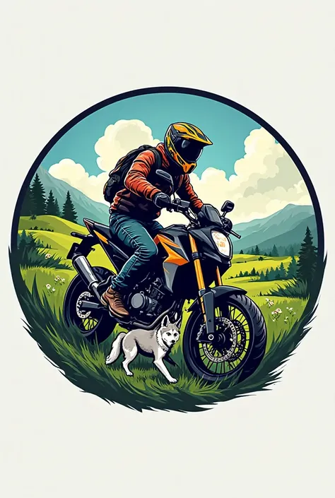 Create a logo inside a circle where you can find a biker with his adventur motorcycle and a Husky puppy on the meadows and on the edge of the circle that bears the name of DEIVID DC 