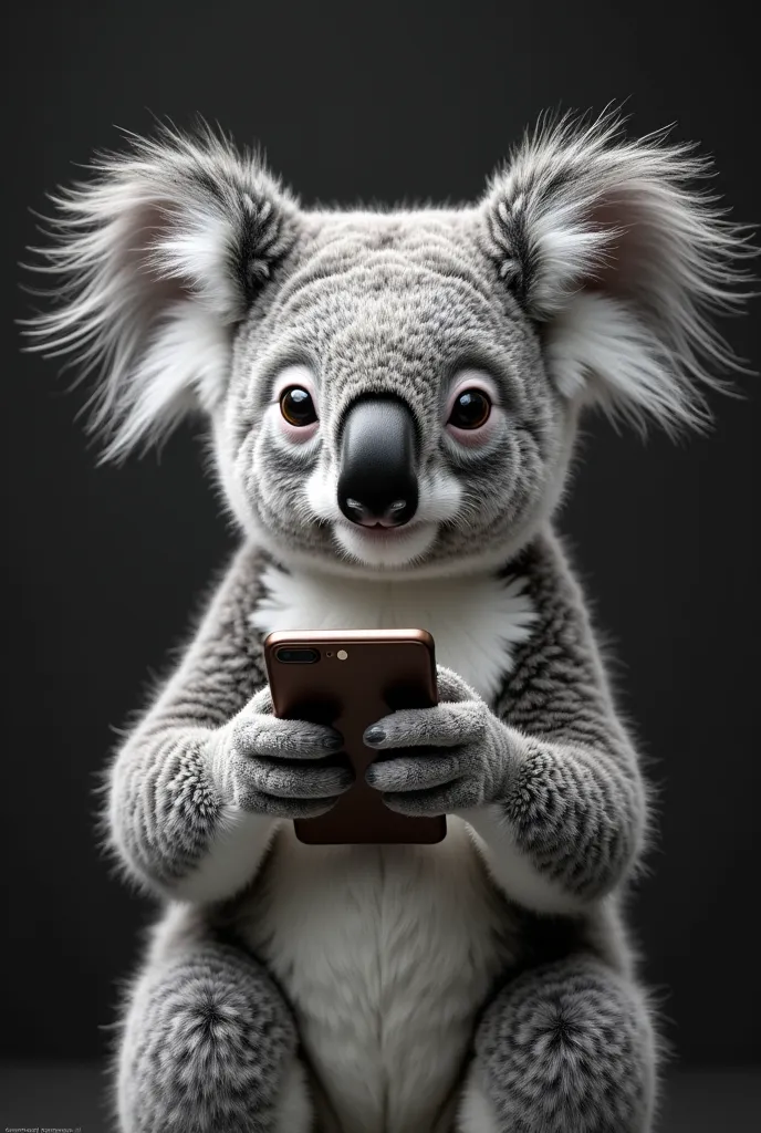 A KOALA THAT ISN'T CUTE, THAT HE IS HOLDING A CELL PHONE, A PHONE OR A MOBILE PHONE HORIZONTALLY SO THAT IT LOOKS LIKE YOU ARE PLAYING WITH 5 FINGERS, LET IT NOT BE NOTICED THAT IT IS IA, IT'S A BEAUTIFUL BLACK AND WHITE IMAGE AND IF YOU SHOW IT THE DARK B...