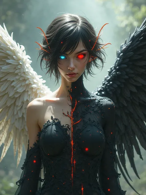 Half angel half demon brunette short hair golden blonde and one eye blue and the other red and two wings one black and the other white 