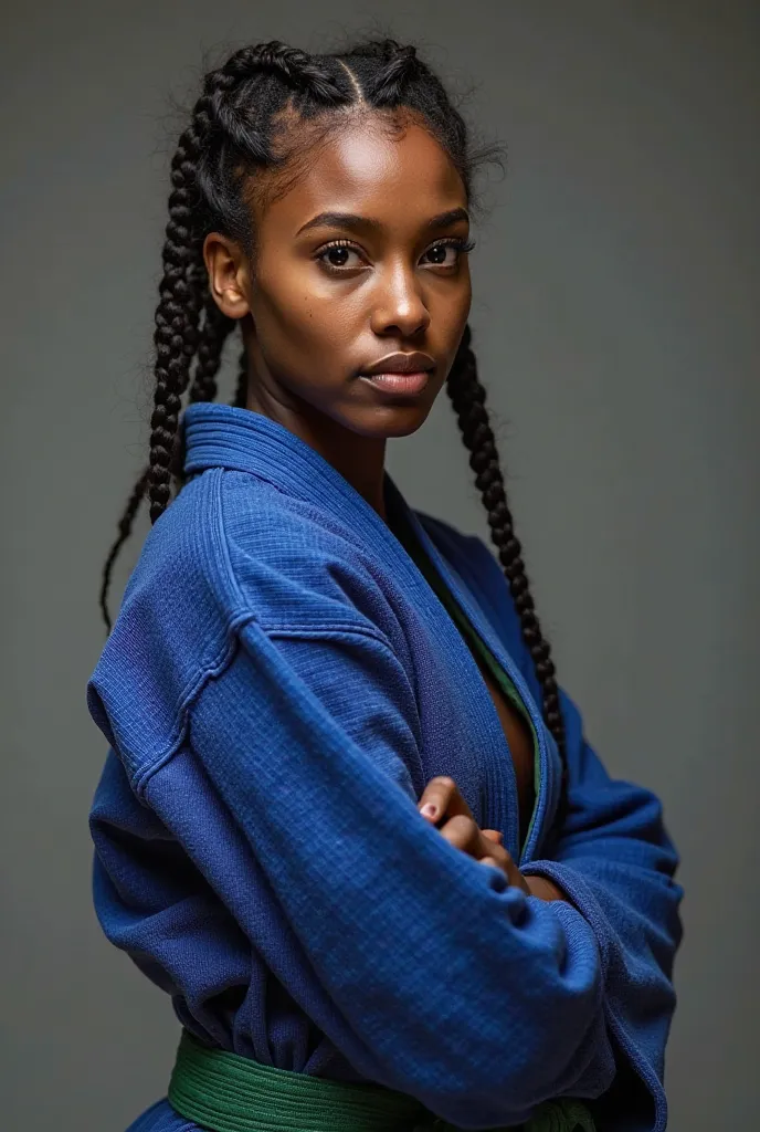 "A clear black woman, strong and determined., with long and well-done braids, posing for a Jiu-Jitsu photo shoot. She wears a traditional blue kimono, with a green band tied tightly around the waist.  Its expression conveys confidence and focus , reflectin...