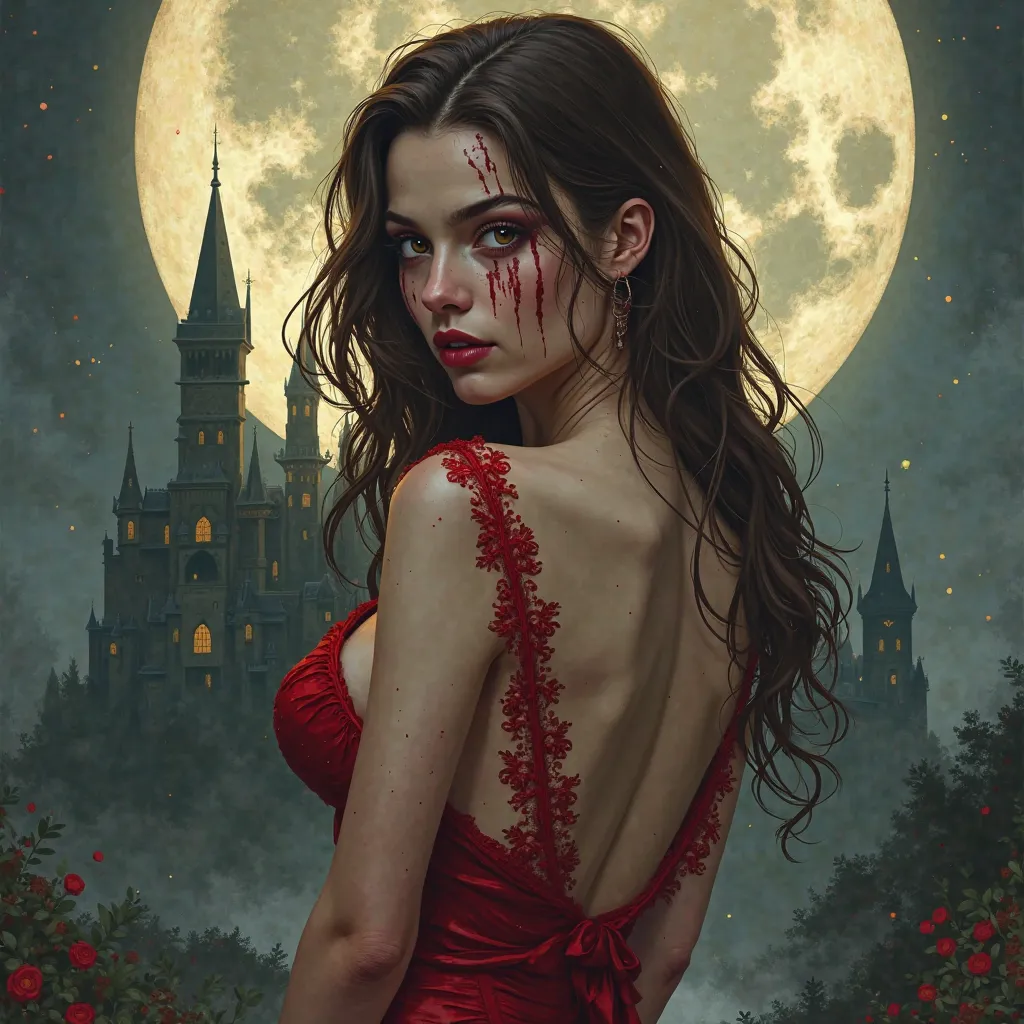 Woman with a blood-scratched face and long brown hair and brown eyes wearing a sexy lace red dress with a bare back and sexy manga style with a moon behind her and a castle. 