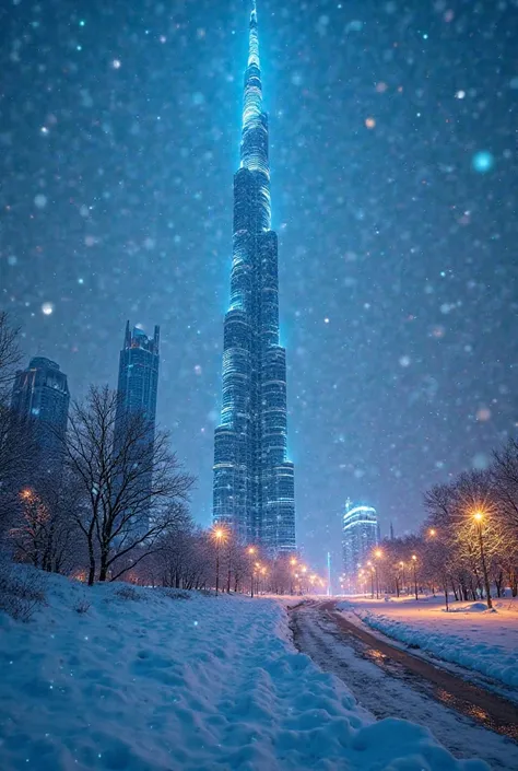 Blue water dubaitowering in a winter wonderland, snowflakes gently falling, serene atmosphere, twilight glow, ultra-detailed realism, soft lighting, captured with a Nikon Z7 II, F1.8, ISO200, 24mm, high-definition, crisp textures, balanced composition high...