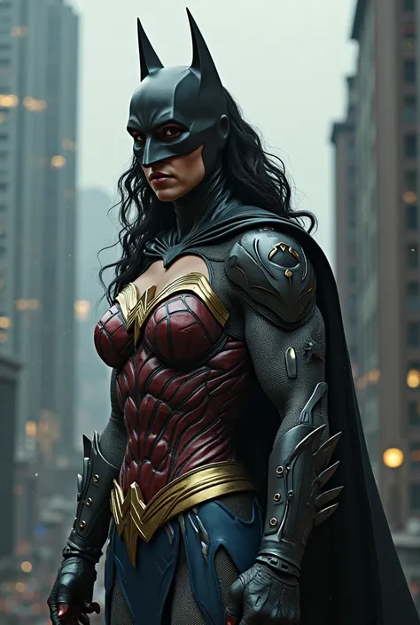 Create a hyper-realistic detailed 4k photorealistic image, Realistic details of the Batman and Wonder Woman merger 