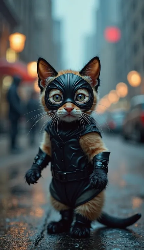 A cute beige tabby kitten dressed as Catwoman, wearing a sleek black bodysuit, tiny cat ears, and a matching mask. The kitten is standing in a dark, moody Gotham City scene from the Batman movies, with towering skyscrapers, neon lights, and a mysterious, c...