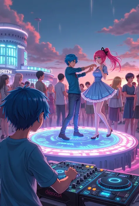 Anime boy mixing on a DJ console ,Blue-haired anime man dancing with pink-haired anime girl on a futuristic disc at dusk ,Anime people behind the scenes 