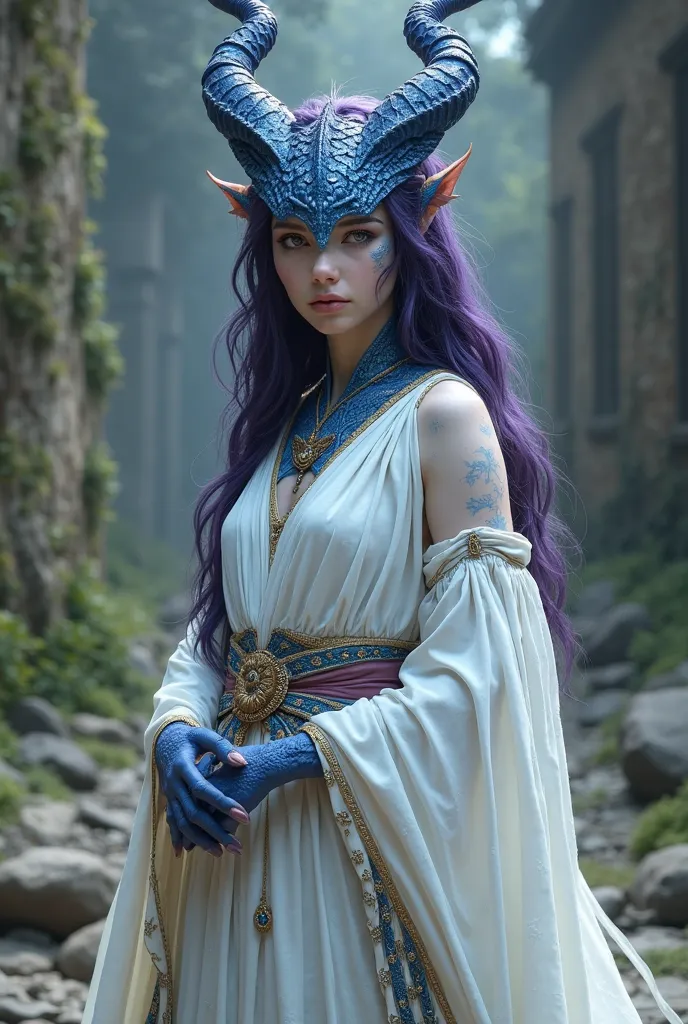 Daughter of a Draconate and an Elf,  dark purple hair,  blue scales , White medieval clothing ,  Dragon Horns 