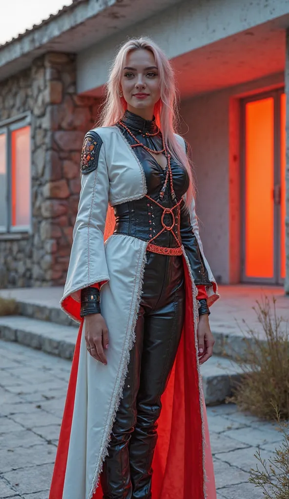 Polish Highlander woman in a (cyberpunk/neon white/black/red dress) that is futuristic, she is standing in front of a futuristic highlander home that is like from the future, She is happy and smiling. The image is inspired by cyberpunk 2077 theme, ((Cyberp...