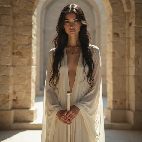 A mesmerizing Sister of the White Ajah, radiating an irresistible blend of elegance and quiet power. She stands poised, her delicate, alabaster skin glowing softly in the warm light of a grand, stone corridor within the White Tower. Her flowing white robes...