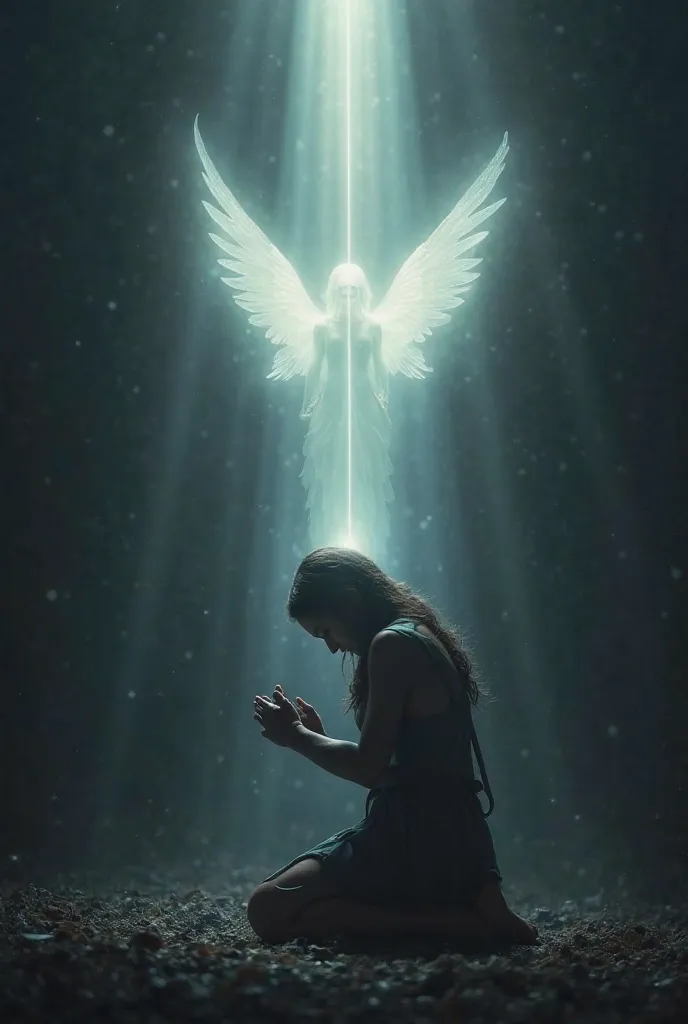 " a person kneeling in prayer , surrounded by a dark and dark environment. suddenly,  A beam of divine light descends from the sky , touching her head and illuminating everything around. A translucent angel appears in the background, with open wings and a ...