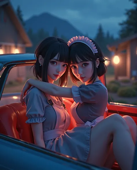 3D anime poster by D.  June ,rendering on Unreal Engine,beauty anime students wearing Japanese maid clothes and hugging each other inside a JDM car at night among American chalets,vintage anime colors, Bokeh effect, ultra realistic,Dressed up,DAZ 3D,octane...