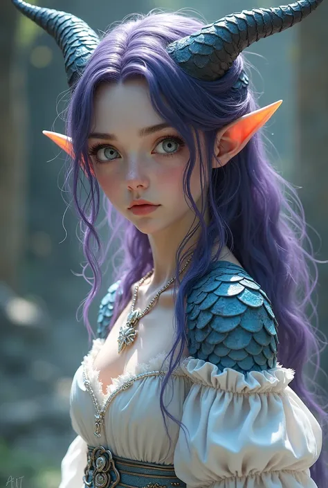 Daughter of a Draconate and an Elf,  dark purple hair,  blue scales , White medieval clothing ,  Dragon Horns,  gray eyes