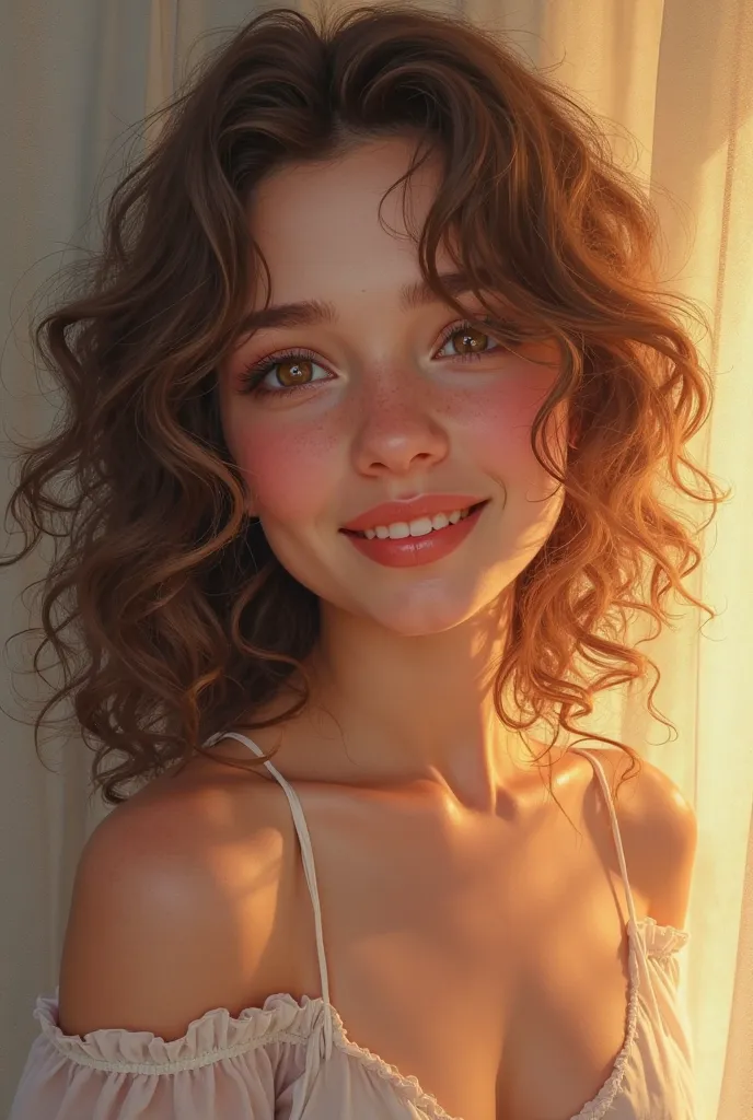 a girl with honey-colored eyes,curly hair,Beautiful smile of about 22 years old 