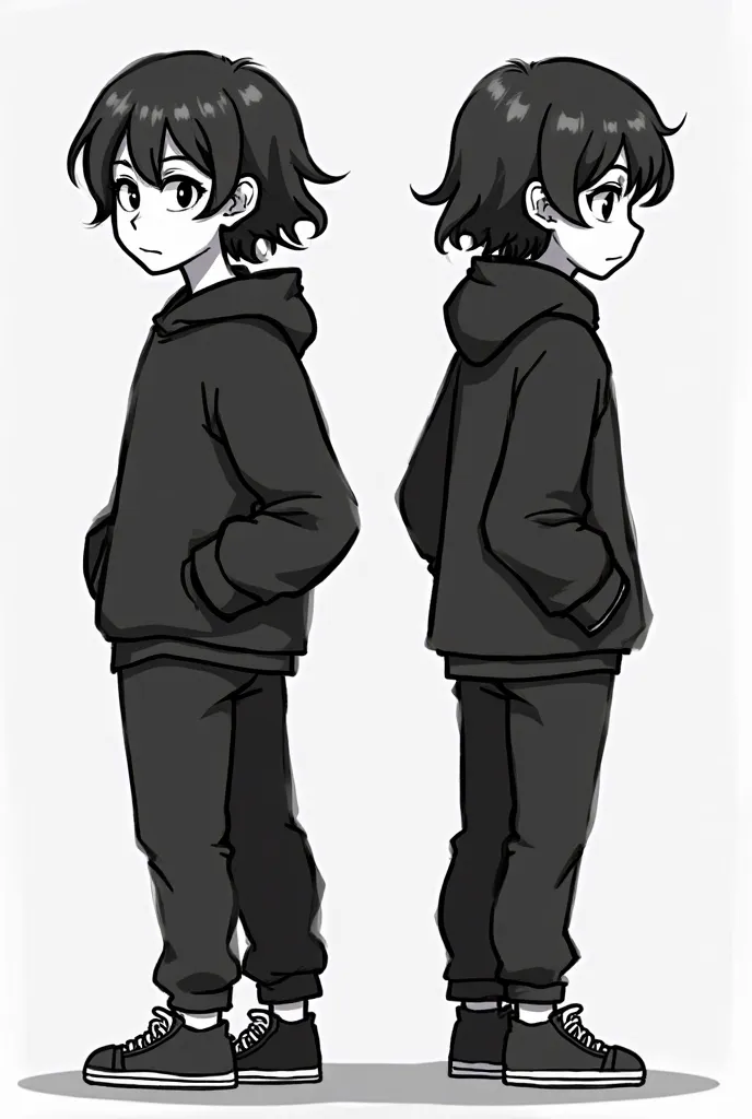 I want to create 4 sprytes of a character that I'm going to use for a game, It's in black and white, hair with bangs around the eyes and wears a black sweatshirt with my hands in my pockets, faça em pixel art e faça 4 sprytes (from the front and back)