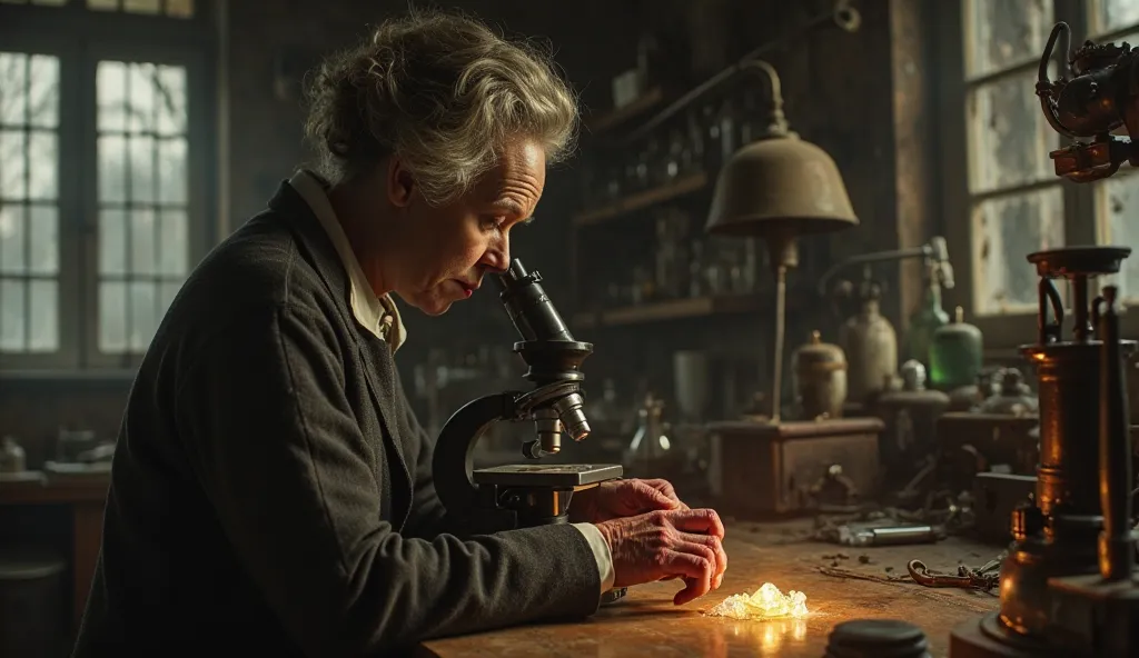 5. Physical Toll – Marie Curie’s Failing Health
"In a dimly lit laboratory, Marie Curie stands hunched over a microscope, rubbing her weary eyes. Her hands, scarred and reddened from years of radiation exposure, tremble slightly as she turns the focus knob...