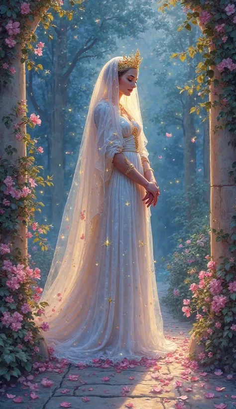 your prompt está incrível e altamente descritivo! It already perfectly captures the **light fantasy**  with a touch  **ethereal**. If you want to refine it more, you can add small details to emphasize the setting or texture of the painting.  

Here is a sl...