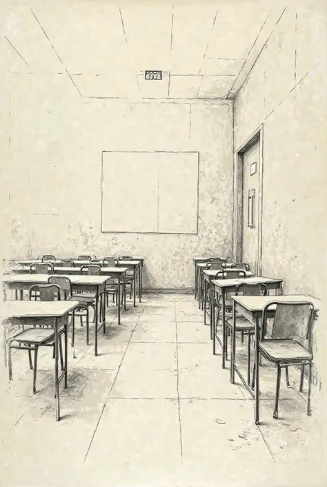 Imagine a scenario of a school with worn chairs with worn walls , a simple drawing without much detail , Turning around my side just a drawing of a scenario, sem nenhum personagem 