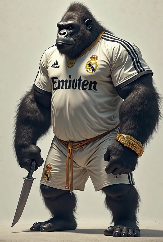 Muscular gorilla wearing Real Madrid jersey with hand knife and gold cord gold ring