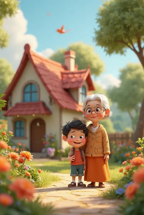 A cozy house with a small garden, birds chirping small boy and grandmother 3d animation 