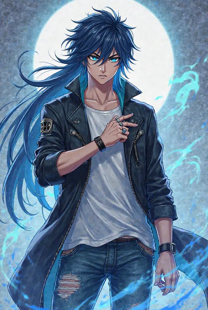 Here is a description of the character:

* name : kaito*

1. *
3. Knowledge of ancient magic.

 Hair*: blacks, long and highlighted in vibrant blue, falling over his shoulders.

eyes*: BRIGHT BLUES,   with intense expression  .


clothing*:  black leather ...