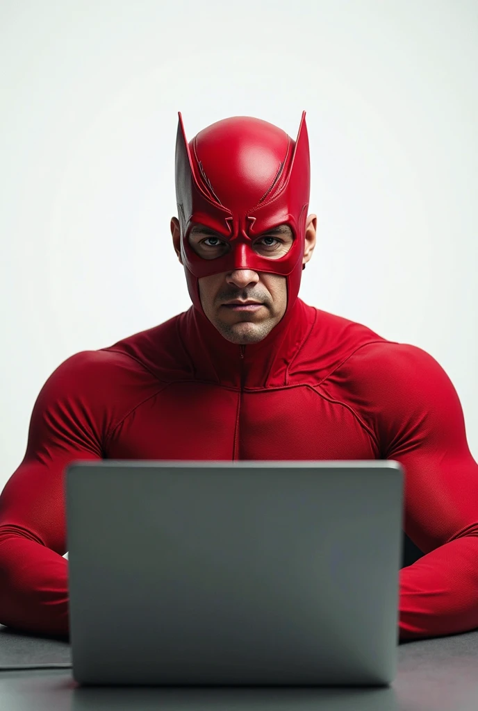 A superhero wearing a red suit and a distinctive mask, sitting on a laptop with a focused expression. He looks tired with dark circles under his eyes. The background is plain white.

