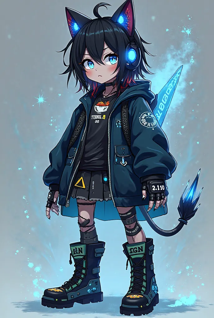 a character inspired by Ene from Kagerou Project, but with a futuristic and dark aesthetic. The character must have a robotic body with biomechanical details, combining organic and mechanical elements. Its color palette should be mainly black and electric ...