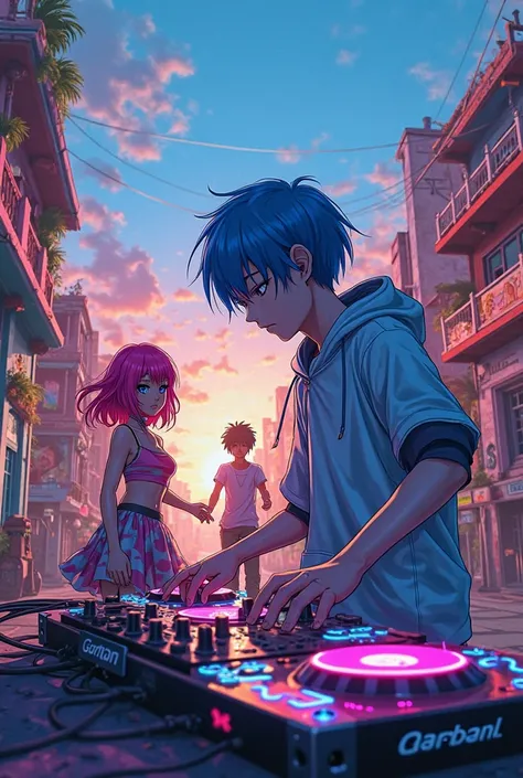 Anime boy with blue hair with DJ console ,Blue sunset in a Mexican third world neighborhood and pink-haired anime girl dancing with brown boy 