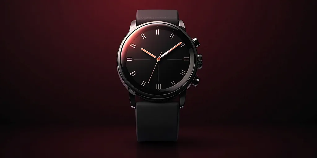 "Create a high-quality, modern, and sleek promotional eCommerce banner for a luxury smartwatch. The background should have a rich, deep gradient matching the website's color palette (dark maroon or black with a subtle glow effect). Center a premium smartwa...