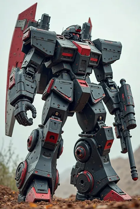 A brutal and imposing colossus mecha, but with a docile and friendly personality. Its structure is massive and fully armored, with a closed and robust design, conveying a sense of unwavering resistance. Its color is predominantly black with details in inte...