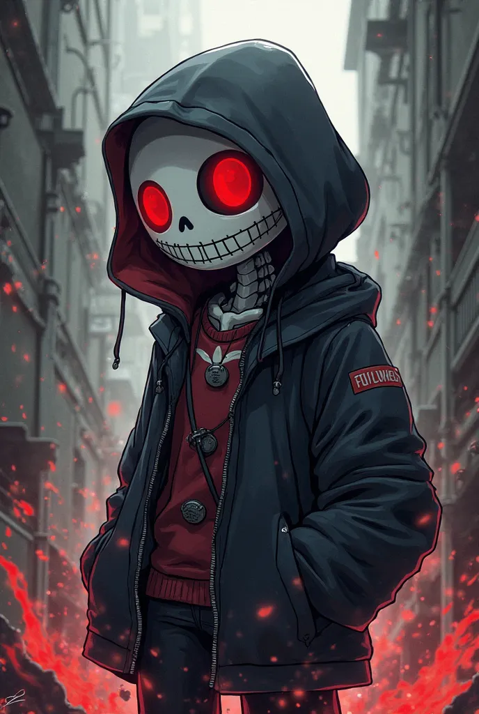 A son between Sans of Undertale and Sans of Underfell in anime style