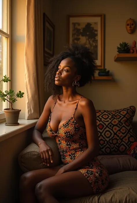 A realistic Nigerian woman in her late 20s, sitting by a window at night, soft golden lighting, wearing a fitted modern Ankara-print dress that accentuates her curves, busty and sexy, looking thoughtful and slightly lonely, African-inspired decor in the ba...