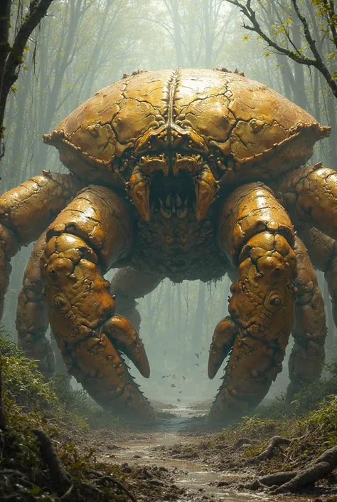 A giant golden crab. I have eight legs. Each leg looks like a tree trunk that spits mud out of its mouth