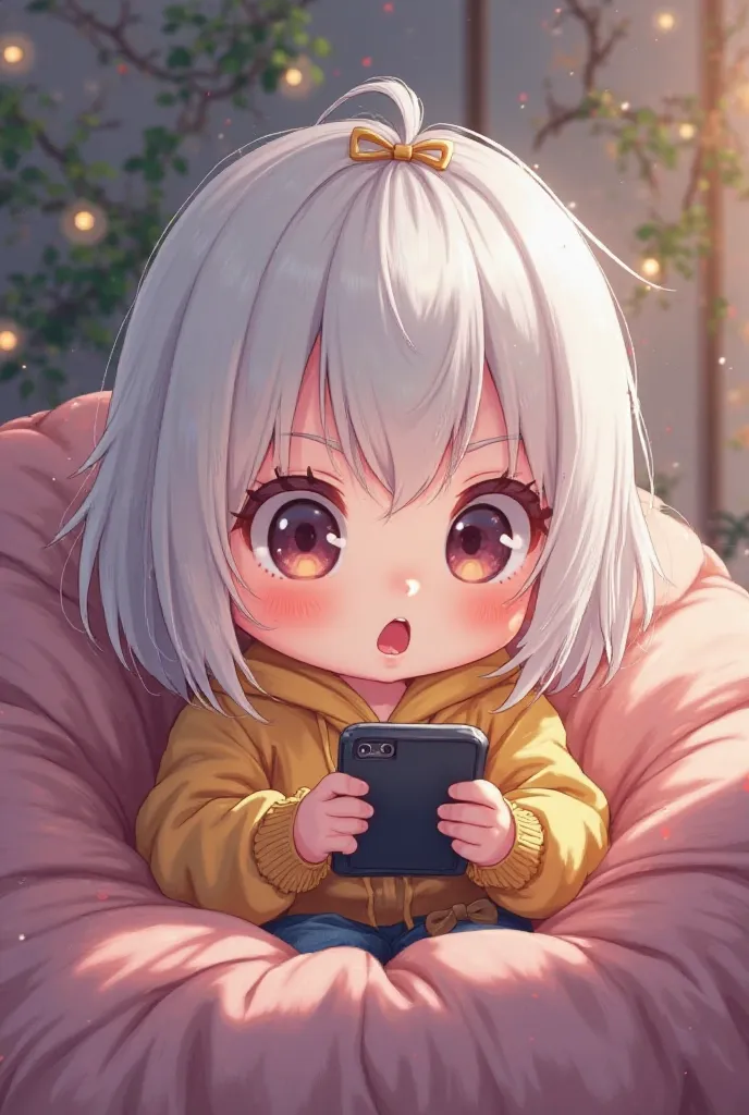 Create a chibi of a girl with white hair and eyes who is playing Free Fire on her cell phone 