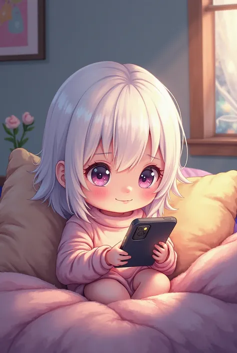 Create a chibi of a girl with white hair and eyes who is playing Free Fire on her cell phone 