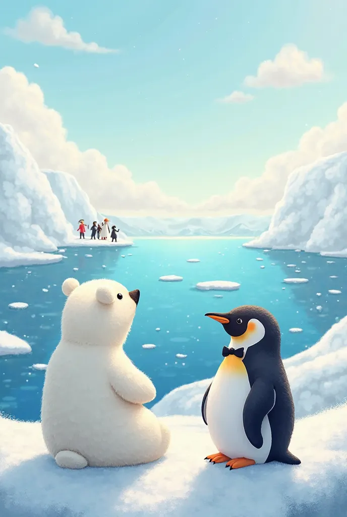 A polar bear and a penguin sitting looking at the horizon at some penguins and bears playing easy cartoon 