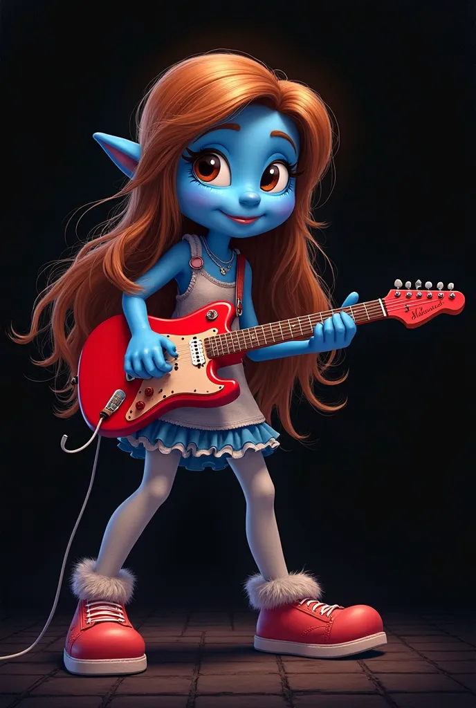 Animated Smurfina woman, Pretty brown haired singer with red guitar black background 