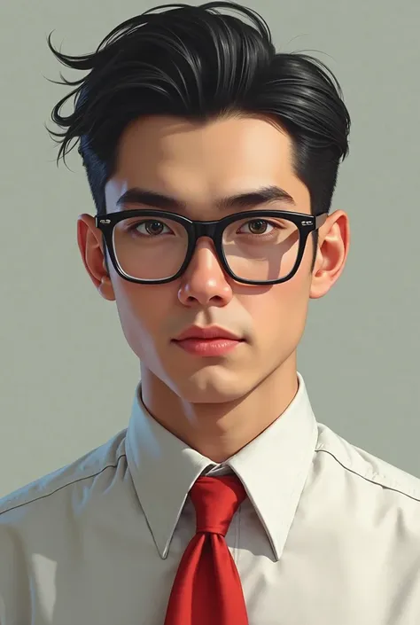 handsome guy with black hair licked back,  with square glasses , gray green eyes,  straight nose, clear facial features, beautiful in a white shirt and a red pioneer tie  