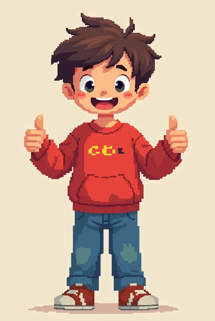 Make 4 images of a boy wearing a red sweatshirt blue pants,  the first front image  , of likes on the right and left side in pixel art and 48 by 48 pixels

