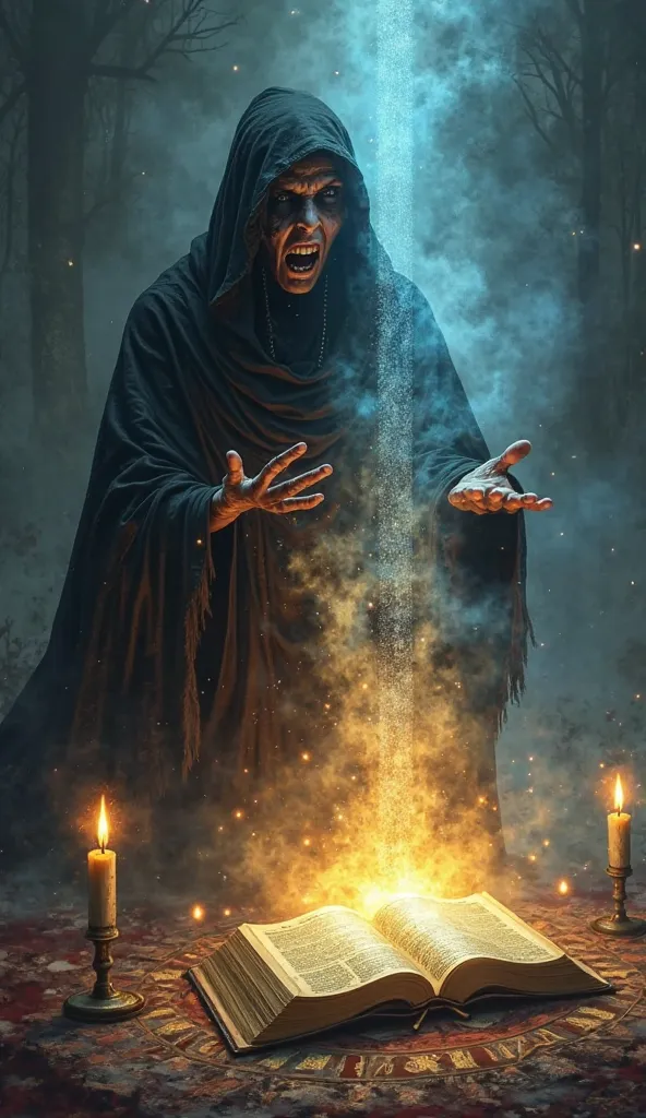 Illustration divided into two contrasting halves. In the first half, a mysterious witch dressed in dark robes performs an invocation ritual. It is surrounded by burning candles and arcane symbols drawn on the ground. Her face reflects wonder and terror whi...