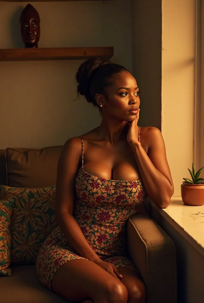 A realistic Nigerian Beautiful woman in her late 20s, sitting by a window at night, soft golden lighting, wearing a fitted modern Ankara-print dress that accentuates her curves, busty and sexy, looking thoughtful and slightly lonely, African-inspired decor...