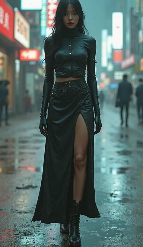 "cyborg, android, cyberpunk, Japanese girl, Photos taken with a 50mm lens,  Ghost in the Shell, Blade Runner, Clear photo、　Beautiful skin、　High image quality 　、knit、　Pumps、 Beautiful photos、 dark eyes、   Long limbs、 long slit skirts、  real photo."