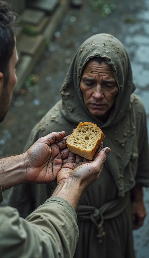 Create an image with the characteristics defined in the tag and avoid using the characteristics defined in the tag.  

- Scene featuring a man with dirty, wounded hands extending an old, partially eaten piece of bread to a desperate, dirt-covered woman.  
...