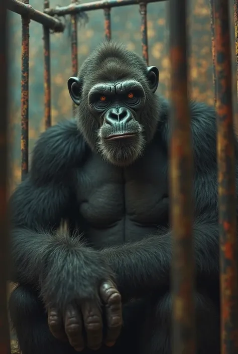 
The image shows an unusual and frightening scene in the circus. The focus is on an anthropomorphic gorilla, sitting in a metal cage. The monkey has an aggressive human face, that looks extremely realistic and aggressive. The face has the features of an ad...