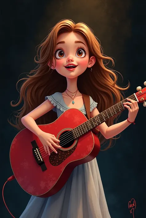 Smurfina woman with brown hair, Animated pretty singer with red guitar black background