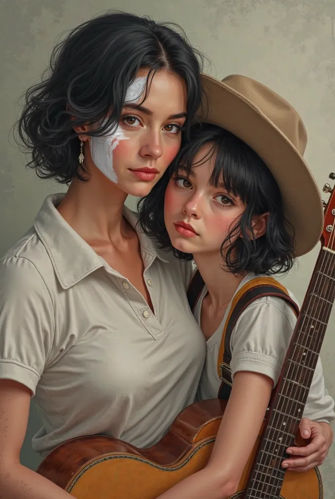 OMPTS
A 50-year-old mother with black hair and part painted white ,wearing a polo shirt and her 20-year-old daughter with a hat and a guitar in her hand